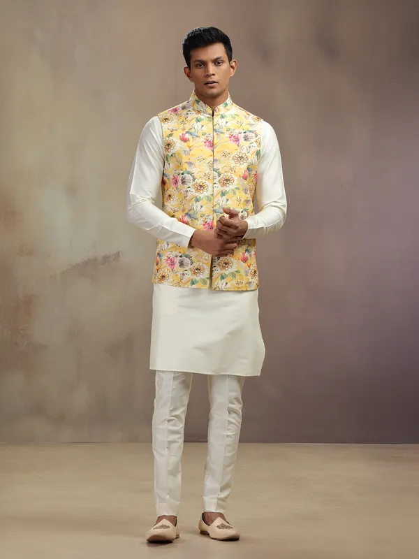 Cream and yellow cotton silk waistcoat set with print
