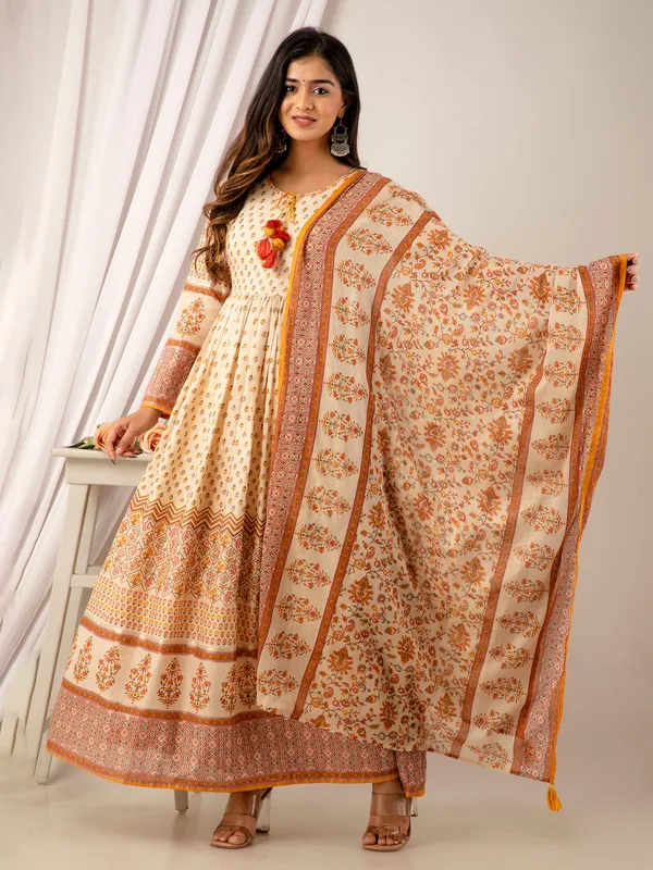 Cream and yellow printed cotton long kurti
