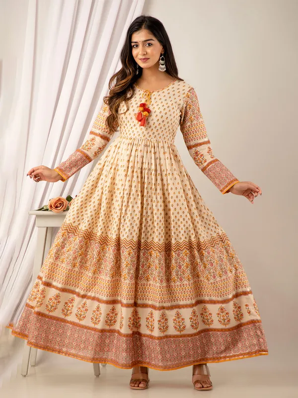 Cream and yellow printed cotton long kurti