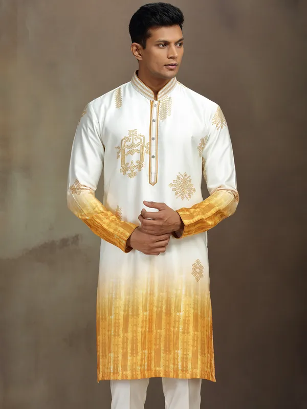Cream and yellow printed silk kurta pajama