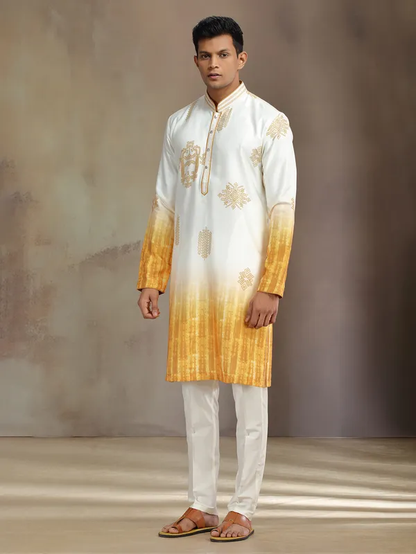 Cream and yellow printed silk kurta pajama