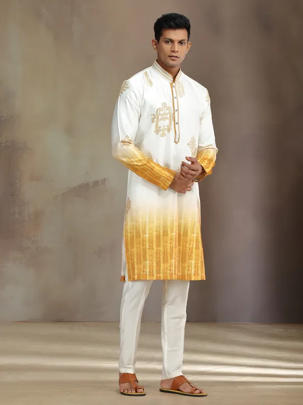 Cream and yellow printed silk kurta pajama