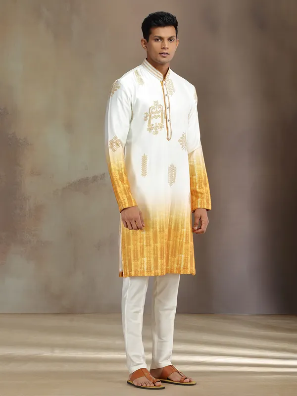 Cream and yellow printed silk kurta pajama
