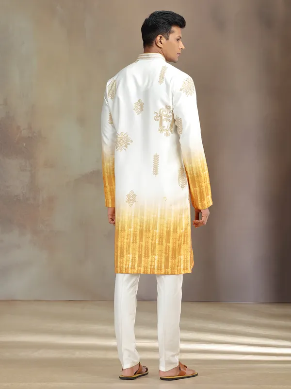 Cream and yellow printed silk kurta pajama