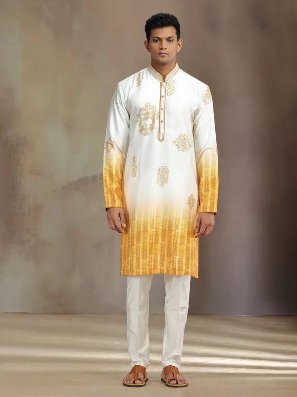 Cream and yellow printed silk kurta pajama