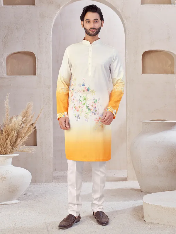 Cream and yellow shaded cotton kurta suit