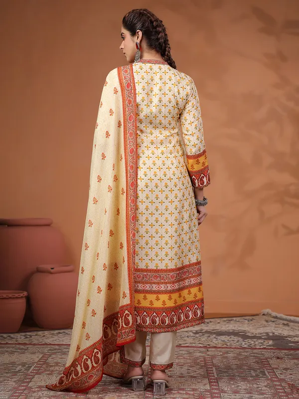 Cream and yellow silk printed kurti set