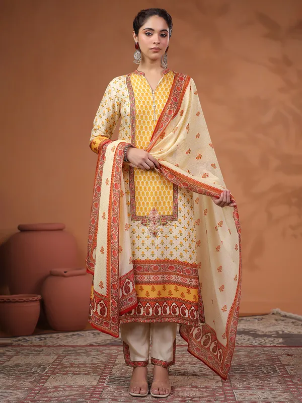 Cream and yellow silk printed kurti set