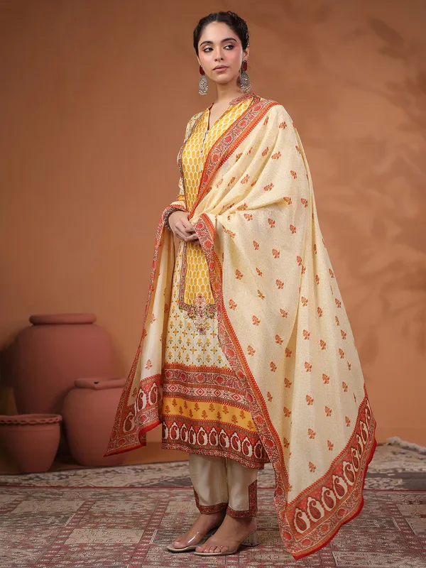 Cream and yellow silk printed kurti set