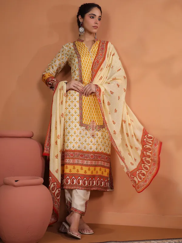Cream and yellow silk printed kurti set