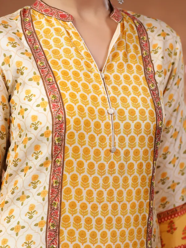 Cream and yellow silk printed kurti set