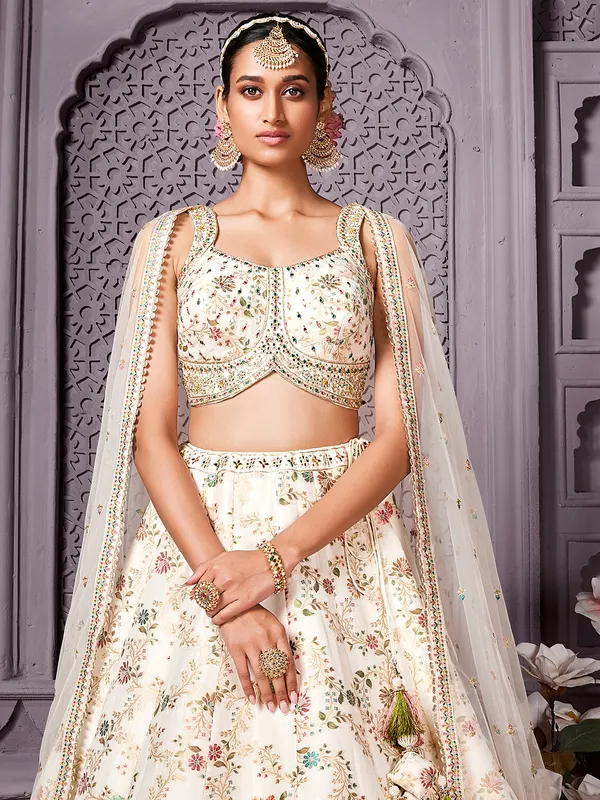 Cream banarasi lehenga choli with ready made blouse