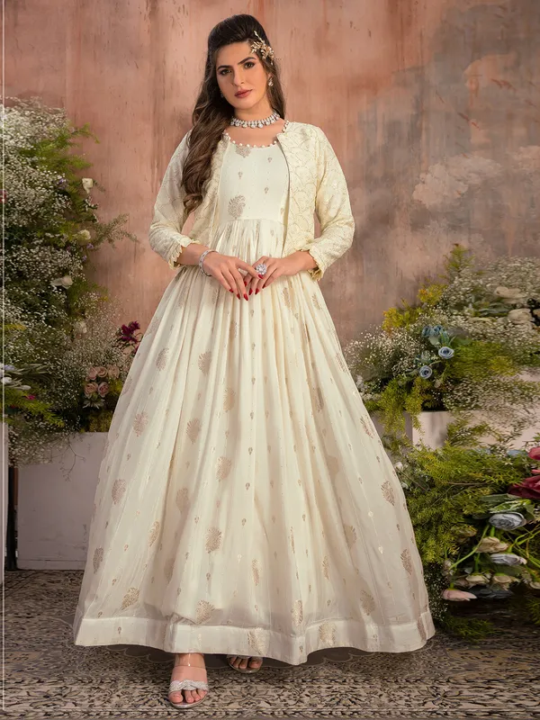 Cream banarasi silk anarkali suit with jacket