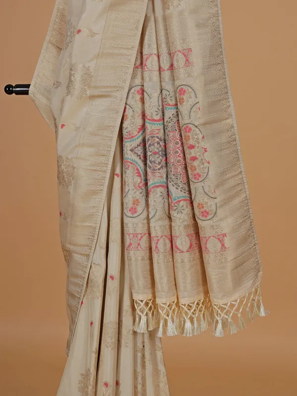 Cream banarasi silk saree with zari weaving