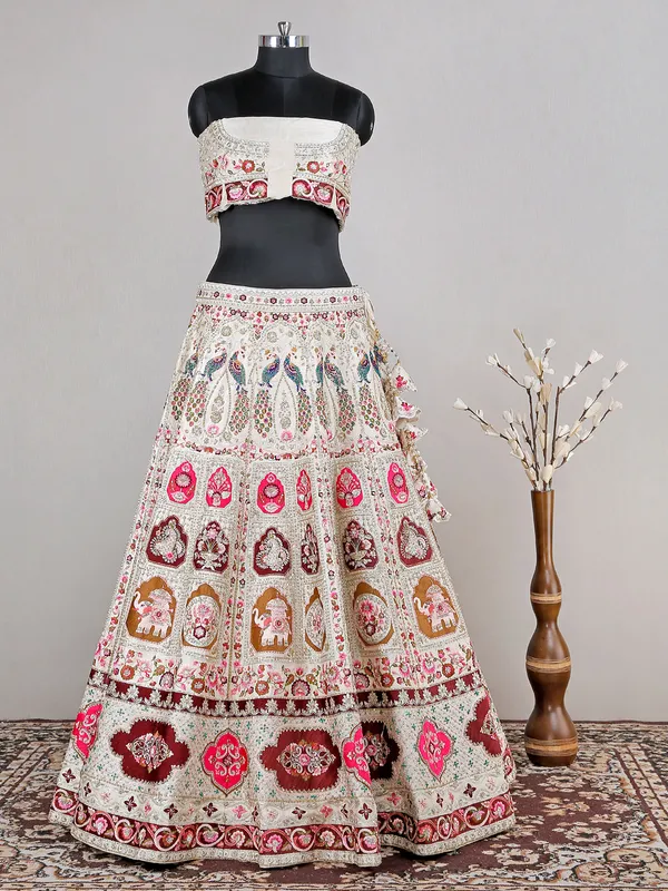 Cream bridal look raw silk lehenga choli for women