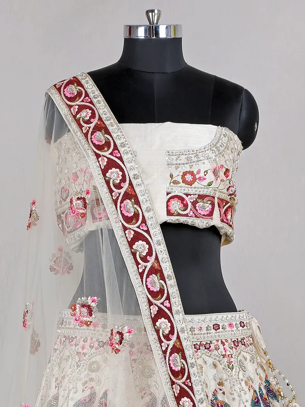 Cream bridal look raw silk lehenga choli for women