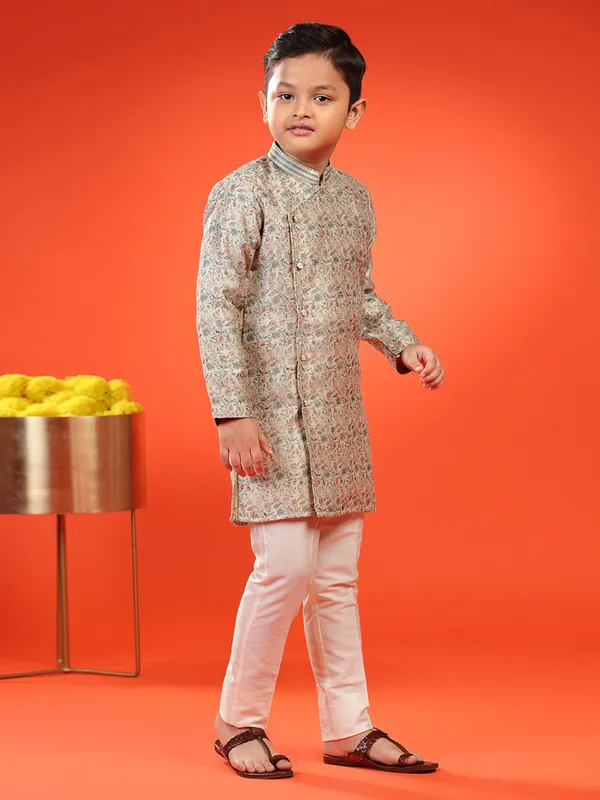 Cream brocade printed kurta suit