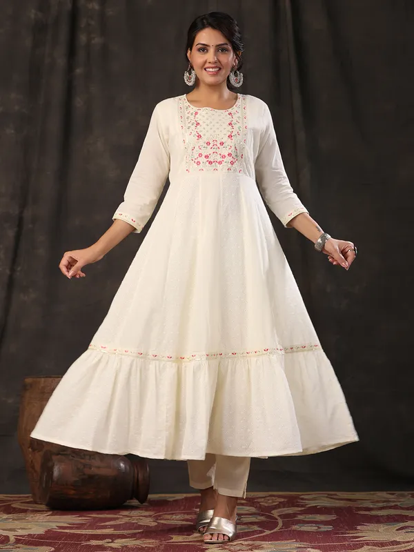 Cream casual cotton long kurti