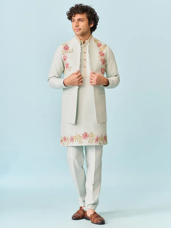 Mint blue charming printed kurta jacket set for men