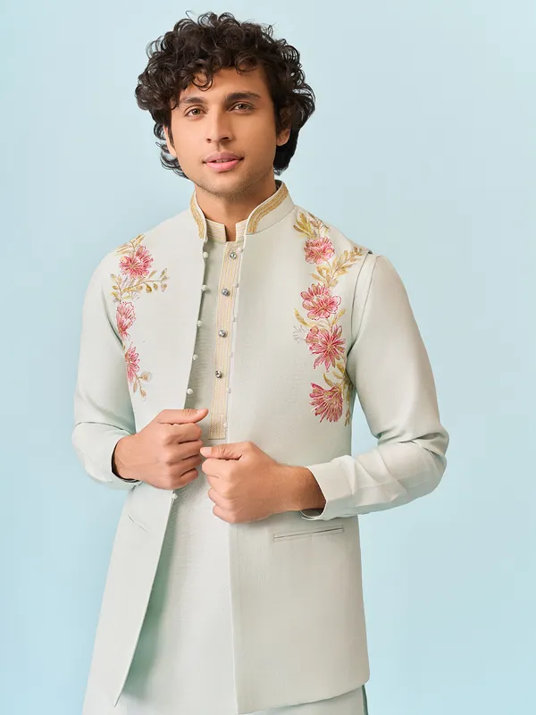 Mint blue charming printed kurta jacket set for men