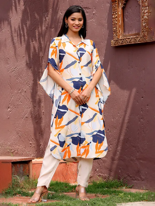 Cream classy silk salwar suit in printed