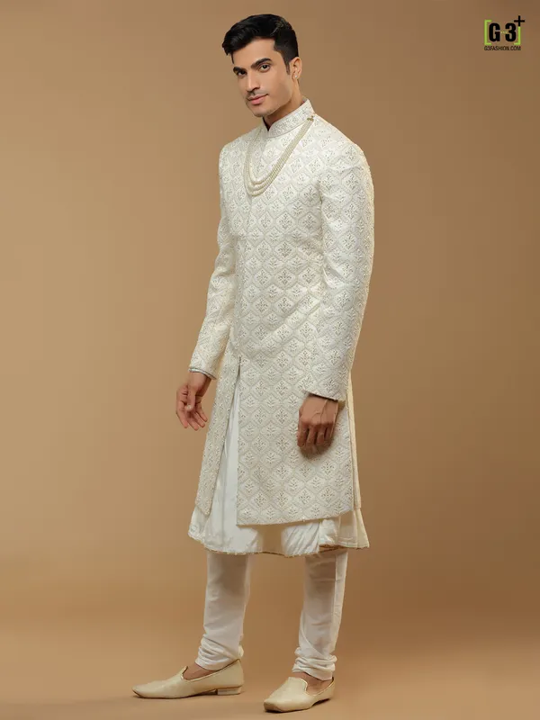 Cream color cotton silk wedding wear sherwani for mens