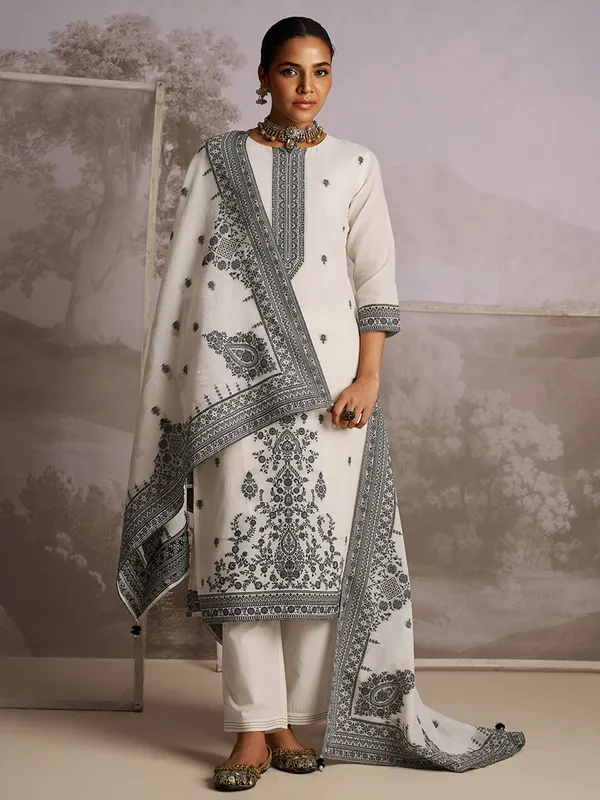 Cream color printed silk kurti set