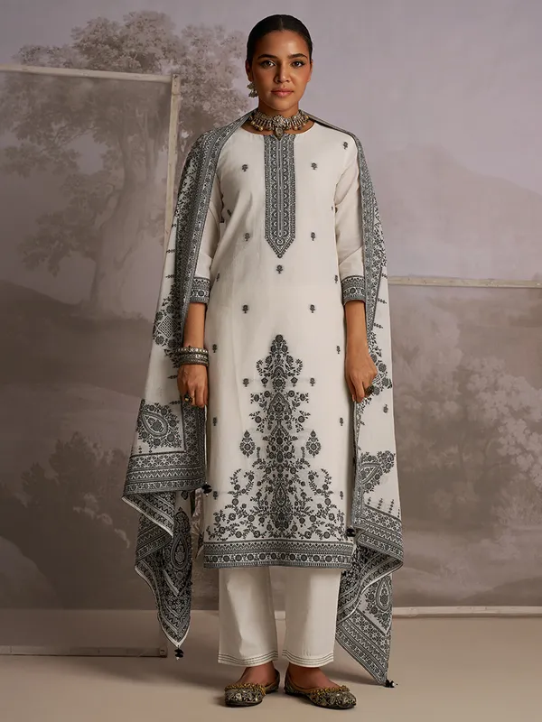 Cream color printed silk kurti set