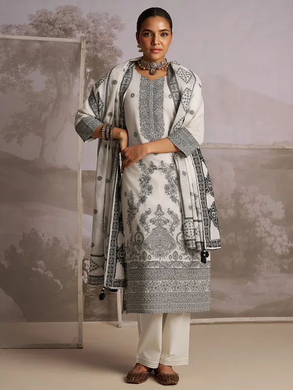 Cream color printed silk kurti set