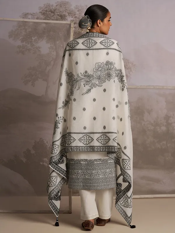 Cream color printed silk kurti set