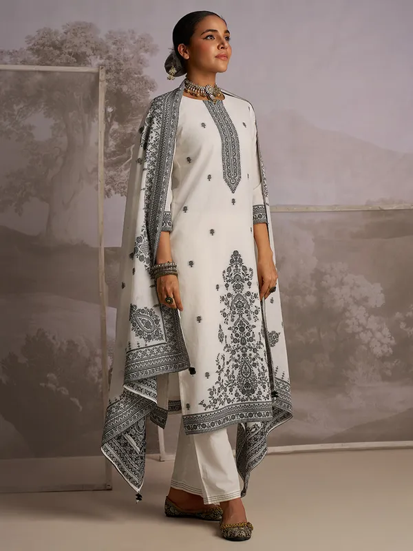 Cream color printed silk kurti set