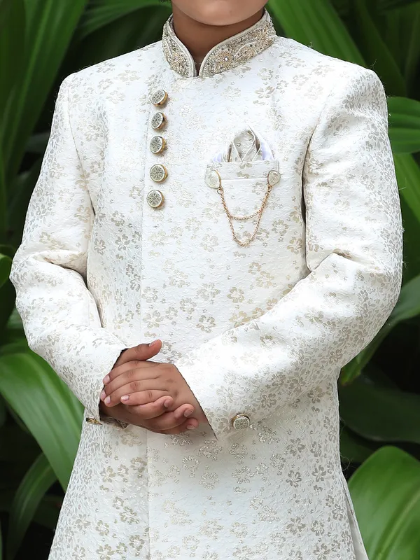 Cream color silk wedding wear boys indowestern