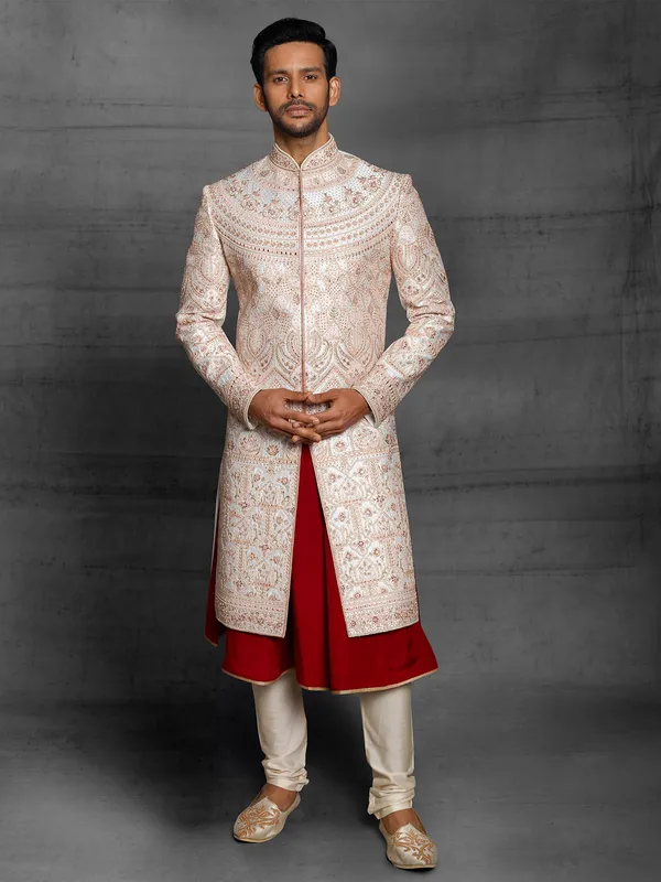 Cream color wedding wear dual layer sherwani in silk