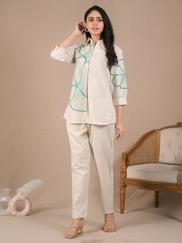 Cream cotton embroidered co ord set
