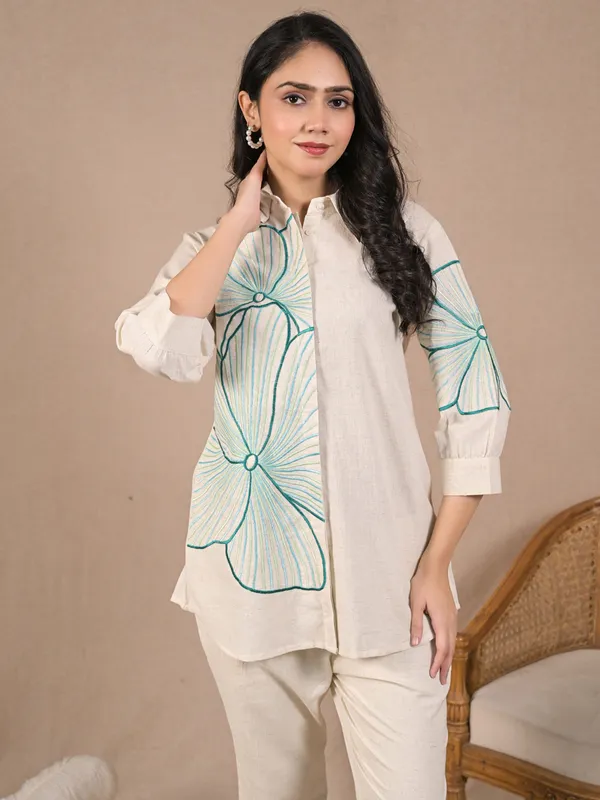 Cream cotton embroidered co ord set