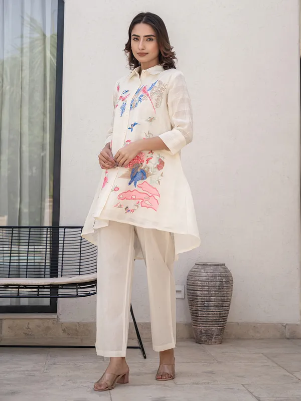Cream cotton embroidered co ord set for women