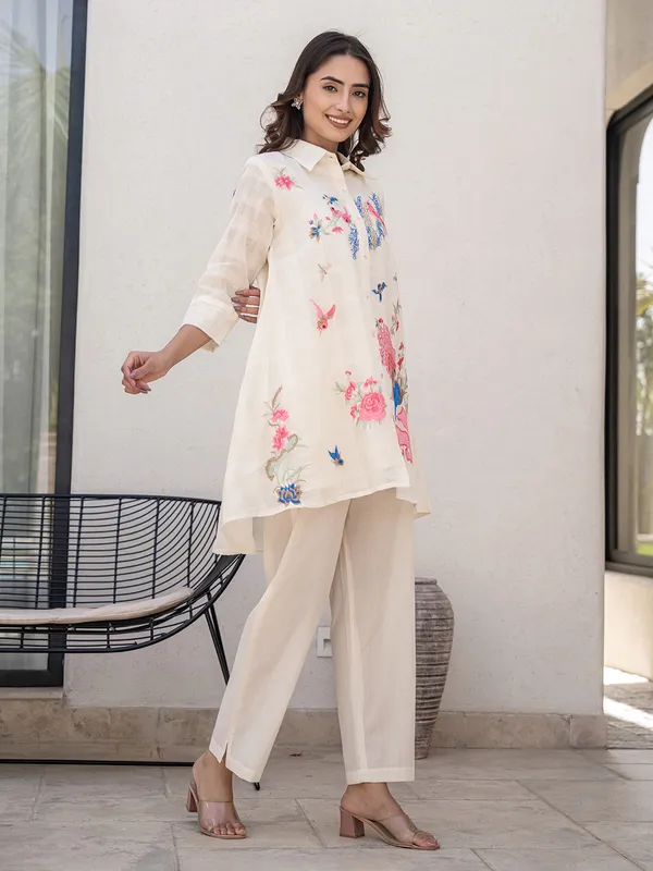 Cream cotton embroidered co ord set for women