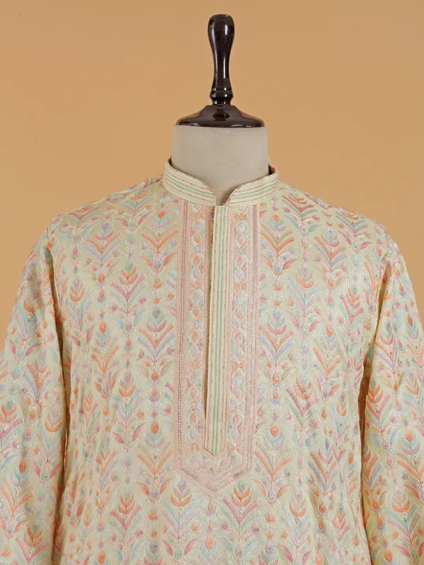 Cream cotton festive style kurta suit