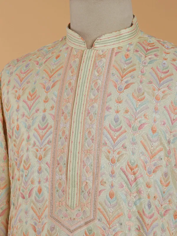 Cream cotton festive style kurta suit