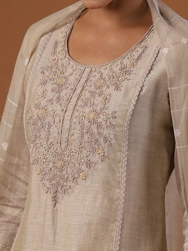 Cream cotton festive wear kurti set with dupatta