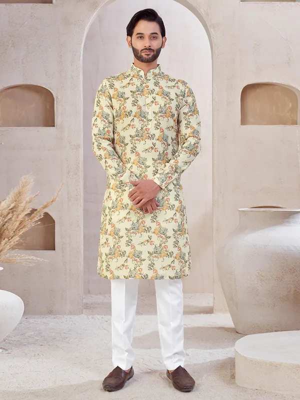 Cream cotton festive wear printed kurta suit