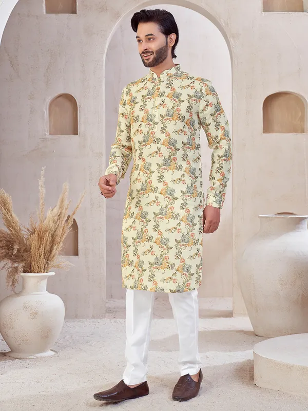 Cream cotton festive wear printed kurta suit