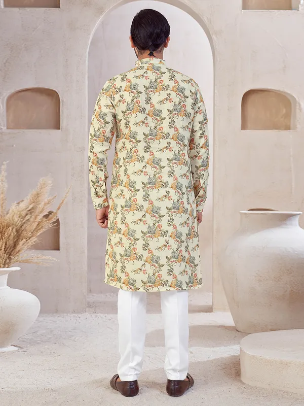 Cream cotton festive wear printed kurta suit