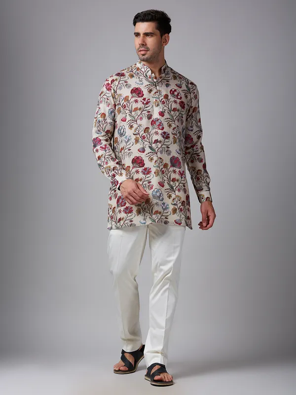 Cream cotton floral printed short  Men Kurta pajama