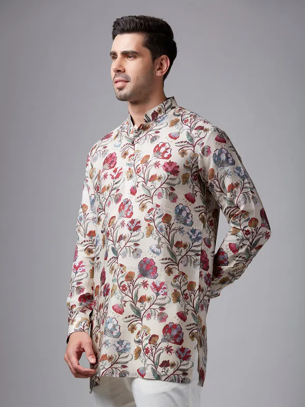 Cream cotton floral printed short  Men Kurta pajama