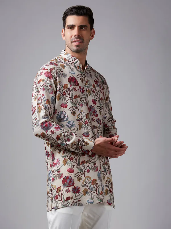 Cream cotton floral printed short  Men Kurta pajama