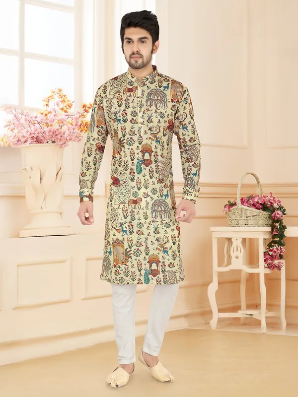 Cream cotton kurta pajam with print for men