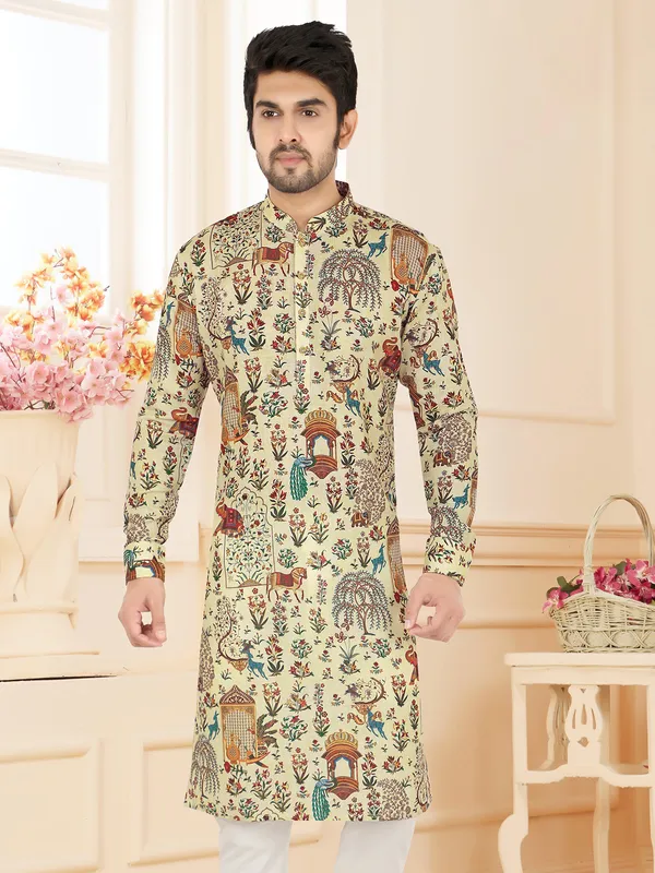 Cream cotton kurta pajam with print for men