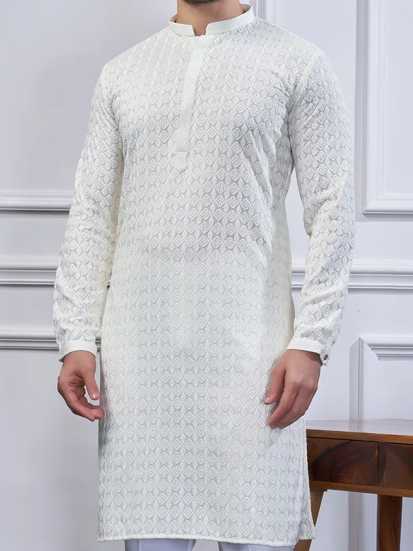 Cream cotton kurta suit for festive for men