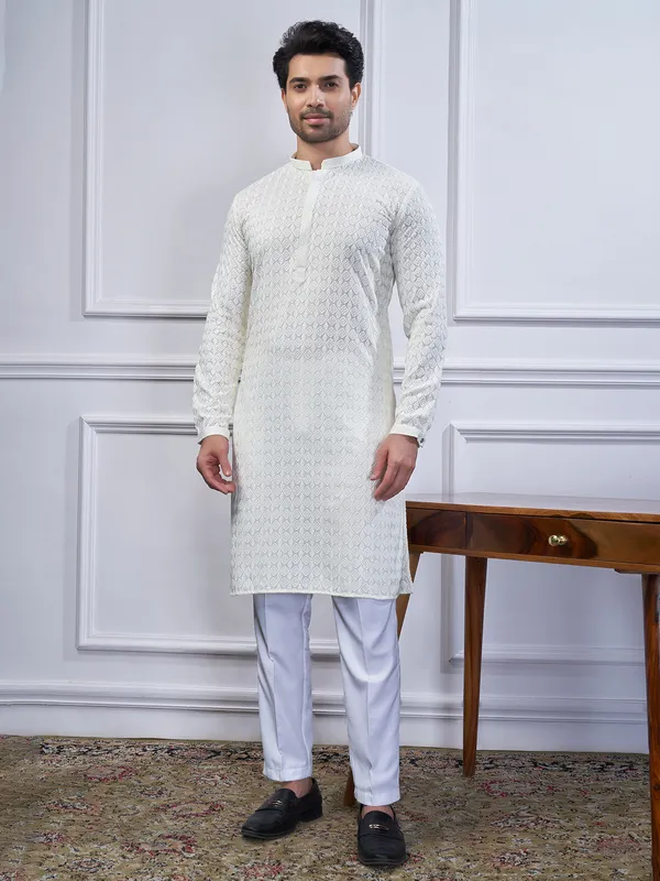 Cream cotton kurta suit for festive for men